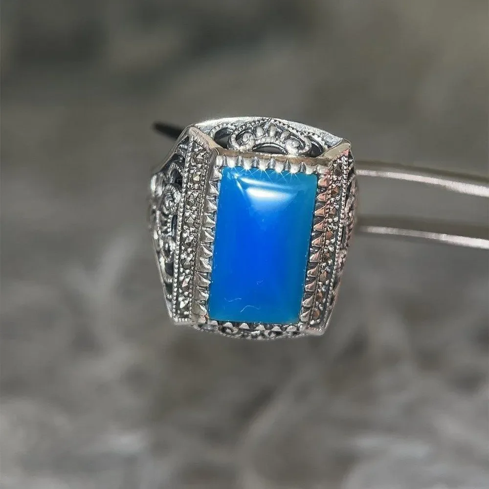 Large Sterling Silver 925‎ Blue Stone/Marcasite Ring